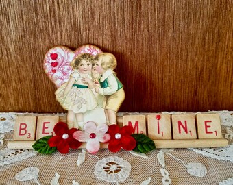 Valentine Scrabble Tray, Handmade Valentine Decoration, Altered Scrabble Tray, Mixed Media Scrabble Tray