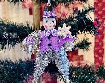 Handmade Tinsel Snowman Ornament, Vintage Inspired Christmas Decor