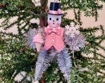Handmade Snowman Ornament, Vintage Inspired, Feather Tree Decor