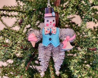 Handmade Snowman Ornament, Bump Pipe Cleaner Snowman, Feather Tree Ornament