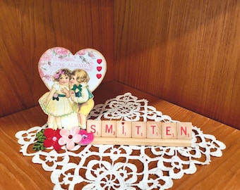 Handmade Valentine Scrabble Tile Decoration, Vintage Image