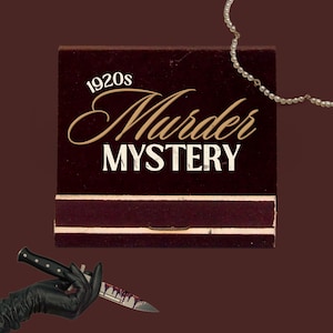 May include: A dark maroon rectangular box with the text 1920s Murder Mystery in gold and white lettering. A delicate white pearl necklace is draped above the box, and a black gloved hand holds a silver knife with red blood-like stains.