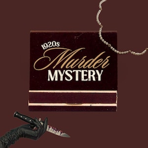 Op de afbeelding: Een donkerbruine rechthoekige doos met de goudkleurige en witte tekst 1920s Murder Mystery. Een delicate witte parelketting ligt over de rechterbovenhoek. Een zwart gehandschoende hand houdt een zilveren mes vast met rode bloedvlekken.