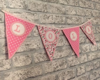 5 FLAGS PINK PERSONALISED BUNTING FLAGS ~ FABRIC LETTER BUNTING ~ BABY GIRL GIFT