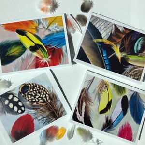 Feather notecards, set of 4 unique feather design blank notecards, 5.5x4.25