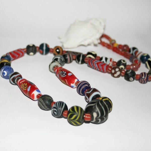 Ethnic necklace, strand of glass beads, handmade Trade Beads, colorful beads, featherbeads, krobobeads, handmade,