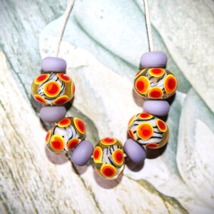 Lampwork Beads, Glass Beads, Artist Beads, Clear with Dots, Handmade Glass Beads, Size Approx. 13 mm, 5 Pieces + 6 Mini Beads