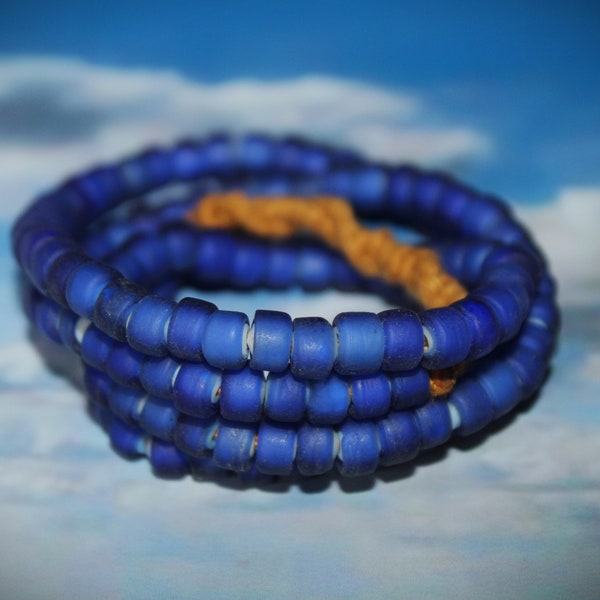 Ethno necklace, glass bead strand, handmade Java Beads, blue, strand with ribbon 58 cm