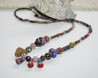 Ethnic necklace, glass bead strand, handmade trade beads, colorful beads, handmade, hippie style, chain strand, Java beads, length 64 cm