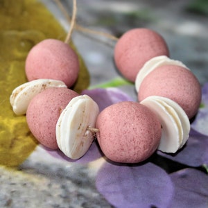 African handcraft, opaque pink glass beads, shell discs, Ghana, West Africa