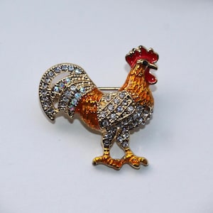 Brooch, vintage brooch, rooster brooch, enameled with rhinestones