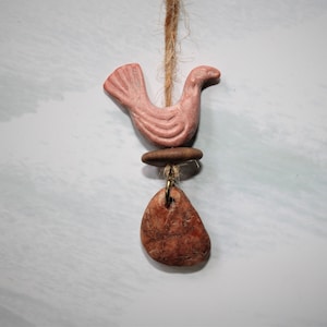 Stone beads, handmade clay bird, pink bird, crane, bead set, necklace pendant, charm pendant