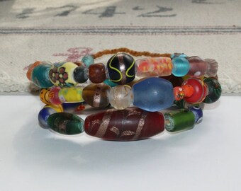 Ethnic necklace, glass bead strand, handmade trade beads, colorful beads, handmade, hippie style, chain strand, Nepalese beads, length 90 cm