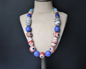 Ethnic necklace, glass bead strand, handmade trade beads, colorful beads, Nepal beads, handmade, hippie style