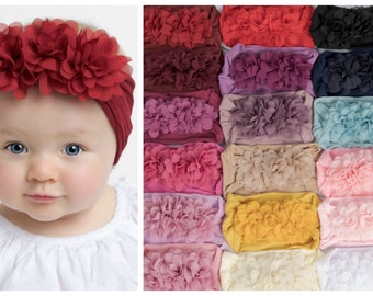 Pick Color Nylon Baby headband, Nylon baby headbands, FLOWER TRIO Headband, Baby Hair bows, Newborn Headbands, Baby Girl Headbands Hair Bows