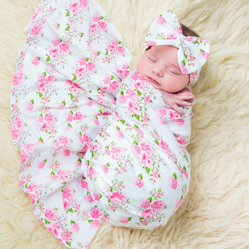 Baby Swaddle Blanket Headband and Beanie Hat Floral Etsy