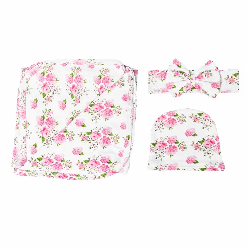 Baby Swaddle Blanket Headband and Beanie Hat Floral Etsy