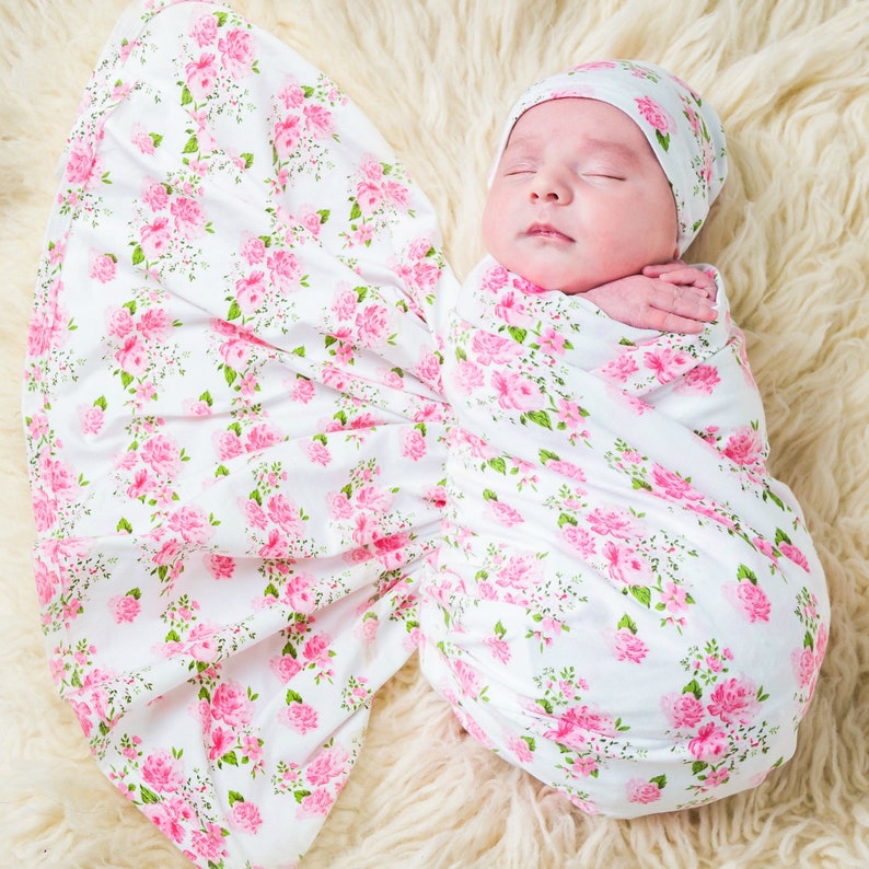 Baby Swaddle Blanket Headband and Beanie Hat Floral Etsy