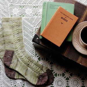 Può includere: Un paio di calzini di lana verde e marrone con un motivo a treccia, una tazza di caffè e due libri su un tavolo coperto da una tovaglia all'uncinetto bianca. I libri sono intitolati "Wild Flowers of the Wayside and Woodland" e "The Observer's Book of Birds".