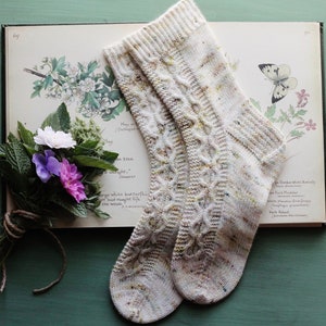 Könnte beinhalten: Ein Paar weiße Stricksocken mit einem Zopfmuster und Farbflecken. Die Socken liegen auf einem aufgeschlagenen Buch mit botanischen Illustrationen und Text.