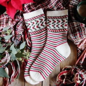 May include: A pair of cozy, patterned socks with red, green, and white stripes and geometric designs. The socks are displayed with a plaid scarf, a green mug of coffee, and candy canes, suggesting a holiday theme.