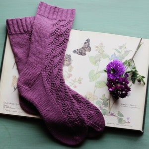 May include: A pair of purple knitted socks with a delicate lace pattern, resting on an open book with botanical illustrations and a sprig of purple flowers.
