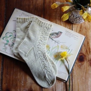 May include: A pair of knitted socks in a light cream color with a delicate lace pattern. The socks are lying on an open book with illustrations of flowers and a bird.
