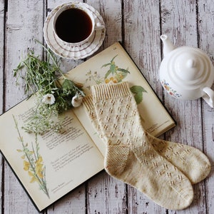 Könnte beinhalten: Ein Paar beige gestrickte Socken mit einem Rautenmuster, ein Buch mit botanischen Illustrationen, eine Tasse Tee und eine weiße Teekanne mit Blumenmustern auf einer weiß gestrichenen Holzoberfläche.