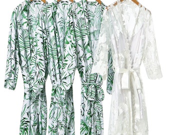 Sale Bridal Robes Tropical Palm Bride Green leaf Bride robe Bridesmaid robe Wedding robe Embroidery Lace Bridal robe Print cotton robe