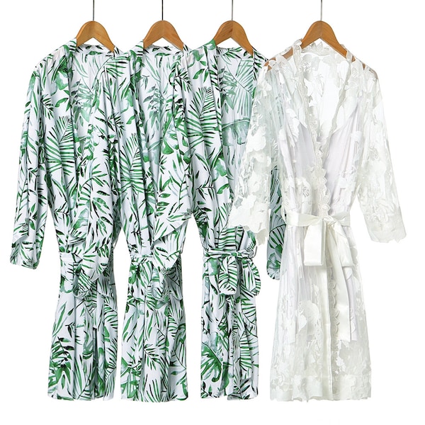 CLEARANCE SALE Tropical Palm Bride Green leaf Bride robe Bridesmaid robe Wedding robe Embroidery Lace Bridal robe Print cotton robe