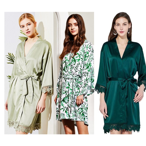 SALE Bridal Robe, Green Solid Silk Satin Robes, Tropical Palm design robe, Bride robe, Bridesmaid robe Wedding robes Personalized, Palm Robe