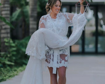 Holiday SALE Christmas SALE Embroidery Lace robe White lace robe Wedding robe Full Embroidery Lace Bridal robe Bridal lace Wedding Robe