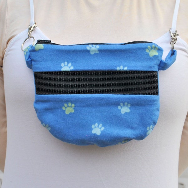 Sugar Glider Bra Pouch, 8” wide by 6” tall, Blue Paws Flannel Print