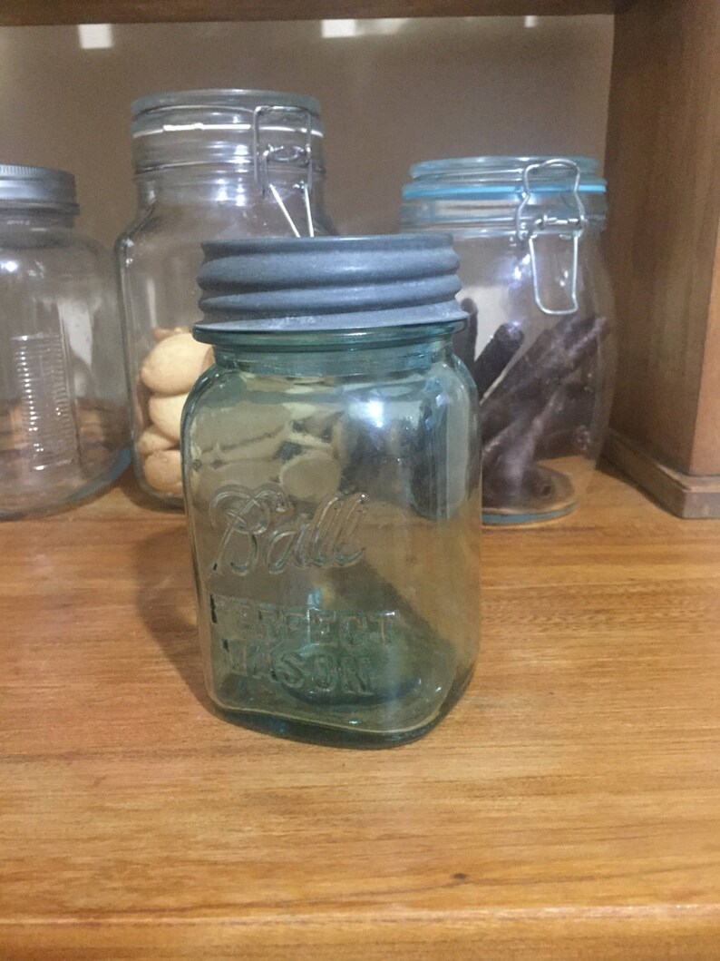 Vintage BLUE Glass Square Ball Jar Pint Sized With Zinc Lid Etsy