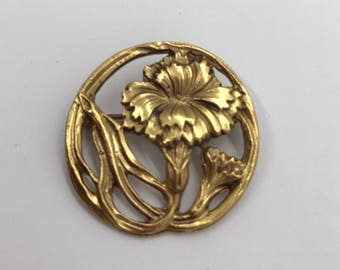 Vintage art nouveau gold brooch, signed Alva, flower brooch, floral, revival, gold tone
