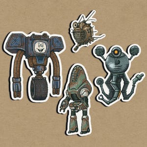 Wasteland Robot Sticker Pack | Retro-Futuristic Vinyl Decals | Post-Apocalyptic Gamer Stickers
