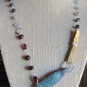 Lammas Moon Necklace w/Genuine Ancient Bronze Anglo-Saxon Clasp(1000+ yrs old!)Silver,14kRosegf, Moonstone,Garnet,Rutile Quartz,Leather  21&quot;