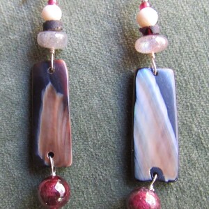 Salacia-Roman Sea Goddess Earrings with Geniune Ancient Roman black glass beads, St Silver, Labradorite, Garnet, Mussel Shell & Bone  2 5/8&quot;