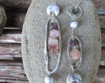 Luna-Moon Goddess Asymmetry Earrings w/Genuine Ancient Roman Glass(2000 yrs old)Silver,Moscovite,Howlite,PinkSapphire,Lepidocrocite  3 1/8"