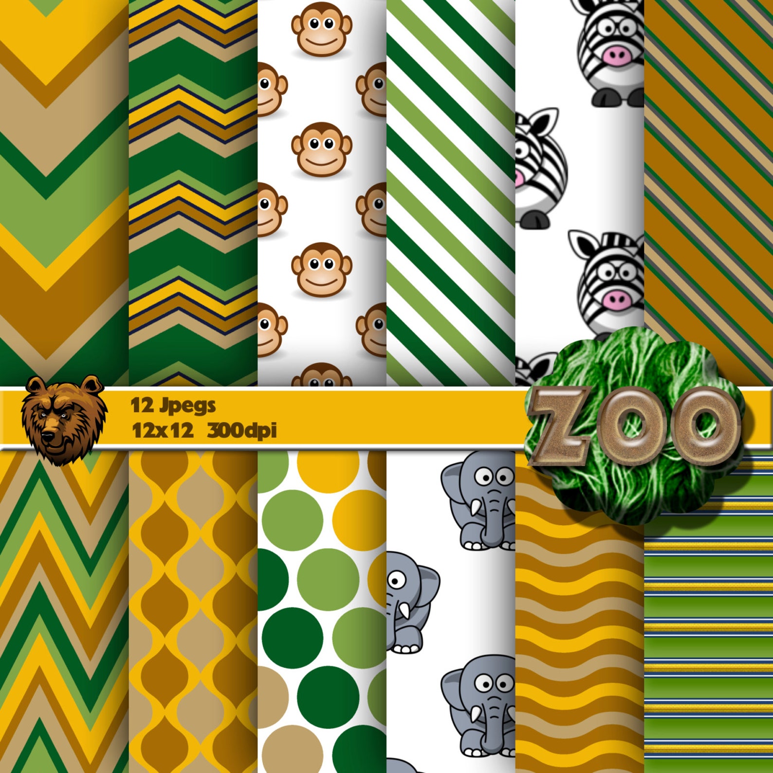 Zoo Animals Digital Paper, Zoo Background, Zoo Scrapbook, Zoo Scrapbook