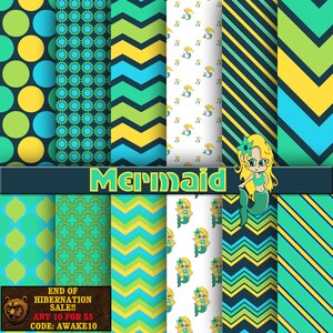 mermaid digital paper, digital scrapbook, background