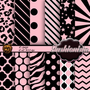 papel digital de color rosado y negro, fondo rosa y negro, scrapbook rosa y negro