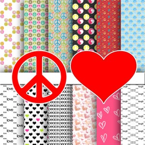 Papel digital Peace Love, documento de antecedentes, álbum de recortes