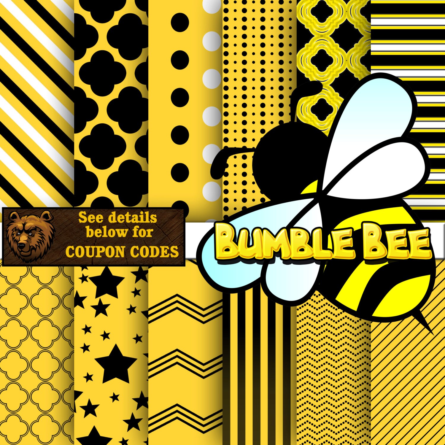 Download Bee Digital Paper Bumble Bee Yellow Black Digital Print Etsy