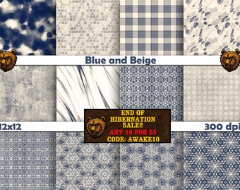 Blau und beiges digitales Papier, blau und beigener Hintergrund, blaues und beiges Scrapbook