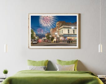 July 4th Fireworks in La Crosse Wisconsin Photography Print, Nightlife, 4th Street