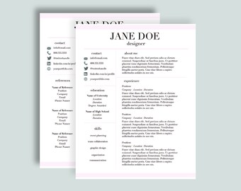 Resume Template Light Pink Design, Creative Resume Template Word Instant Download, Elegant Resume CV, Cover Letter, US Letter, Customizable