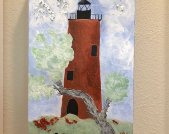May include: A painting of a red brick lighthouse with a black roof and a white lantern. The lighthouse is surrounded by green grass and a gray tree. The year 1860 is painted on the grass in black.