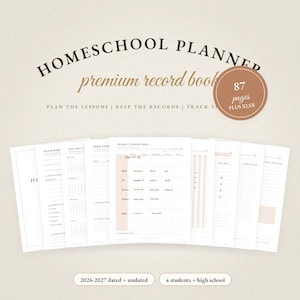 May include: A homeschool planner record book featuring 87 pages plus XLSX files. The planner includes a weekly lesson grid, state requirements, and term overviews. Text on the cover reads: HOMESCHOOL PLANNER, premium record book, PLAN THE LESSONS, KEEP THE RECORDS, TRACK THE, 87 pages PLUS XLSX, 2026-2027 dated + undated, 4 students + high school.