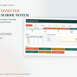 Op de afbeelding: Een digitaal thuisonderwijsbeheersysteem voor Excel genaamd Homeschool Family Hub V2.0. De interface bevat een dashboard met navigatietabbladen, leerlingstatistieken, een weekschema, curriculumoverzichten en gekleurde sneltoetsen.